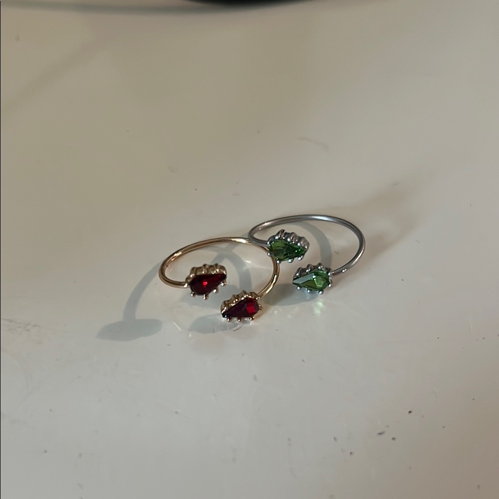 Gold and Silver Rings with Red and Green Stones, cuff rings, adjustable.